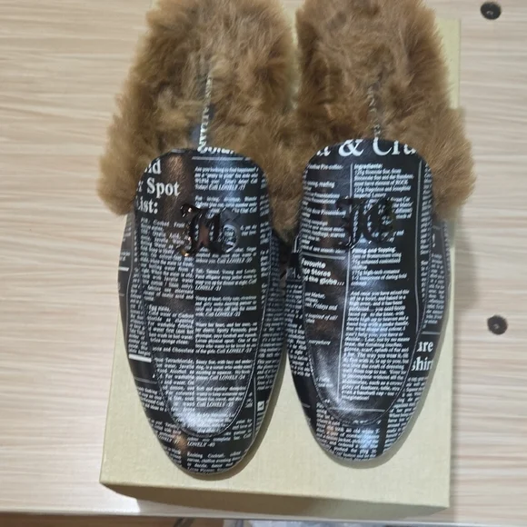 John Galliano Black Text Loafers with Plush Brown Lining  display picture 1